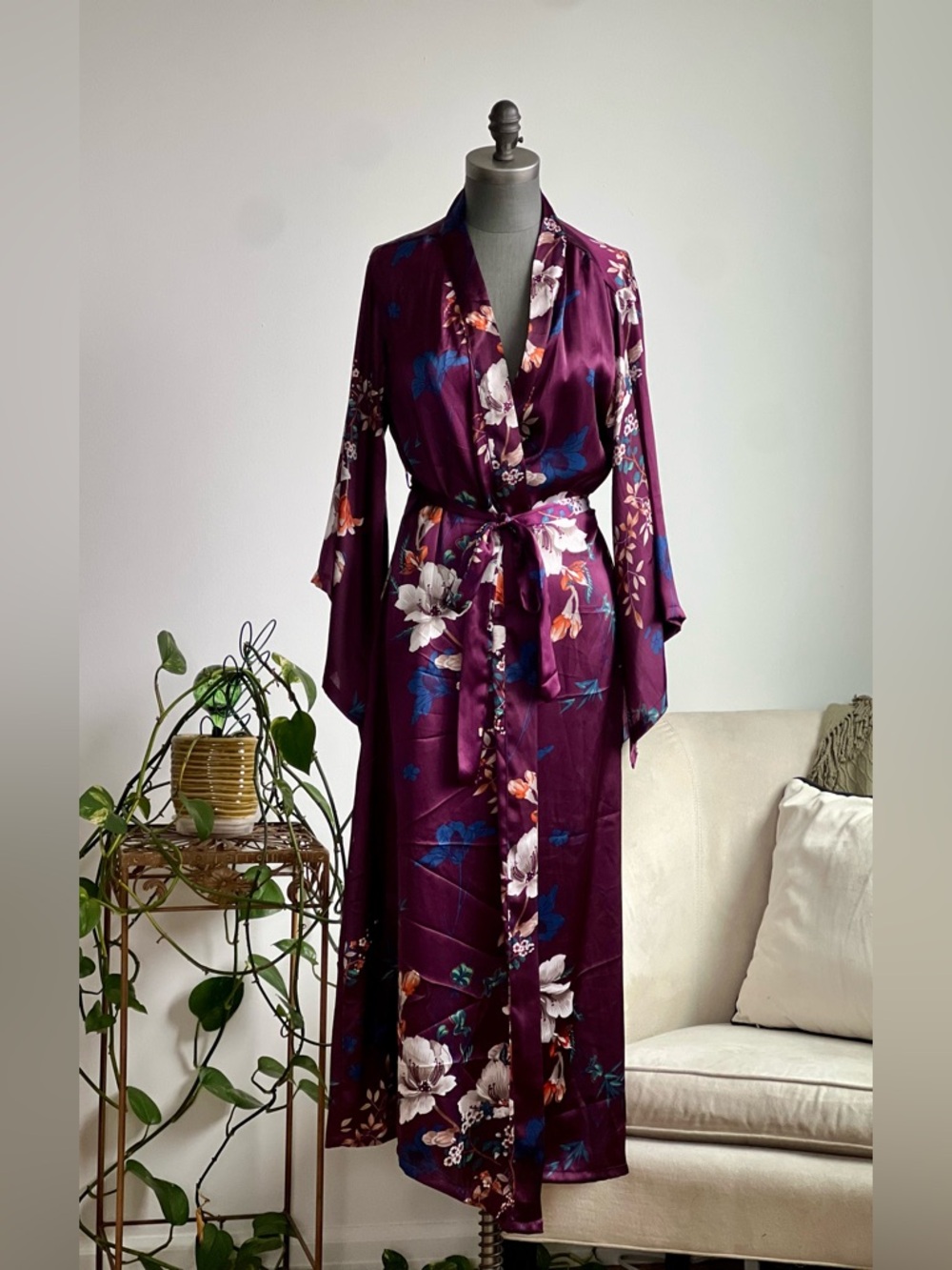 Floral Satin Kimono Robe in Deep Plum